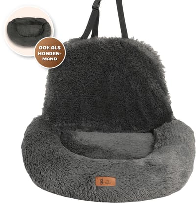 Pet Perfect Fluffy Autostoel Hond – Hondenmand Auto – Honden Autostoel - Automand Hond - Wasbaar – Grijs - 2-in-1 - Medium