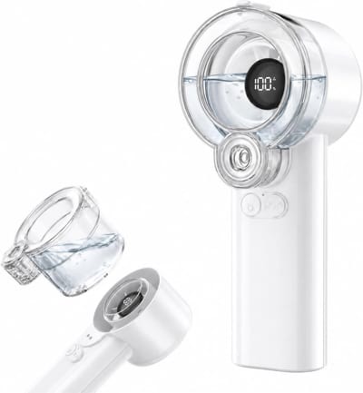 LISM-2-in-1 handventilator met sproeifunctie, draagbare waternevelventilator (oplaadbaar, met 5 snelheden en led-display), persoonlijke mini-koelventilator met afneembaar waterreservoir, zomercadeau Geschikt voor mannen en vrouwen - wit
