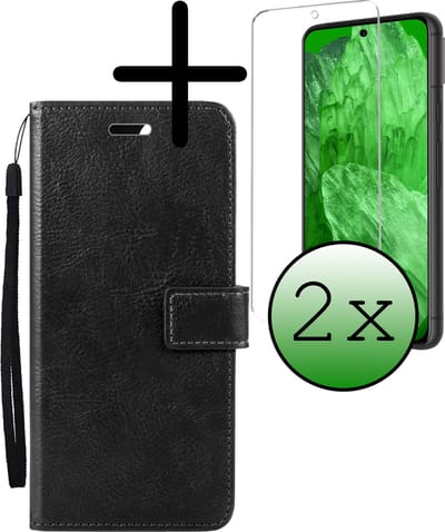 Hoesje Met 2x Screenprotector - Geschikt voor Google Pixel 8a - Luxe Pasjeshouder - Bookcase Portemonee - Flip Case - Kunstleer Book Case - Flipcase Hoes - Book Cover - Walletcase - Portemonneehoes - Zwart
