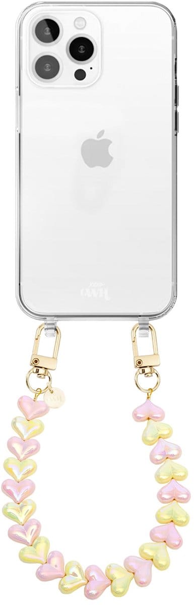 xoxo Wildhearts siliconen hoesje - Geschikt voor iPhone 16 Pro Max hoesje - Funky Hearts (Pink & Yellow Metallic) - Telefoonhoesje - Hoesje met koord - Roze en Geel koord - kort telefoonkoord - Hartjes ketting - Transparant hoesje