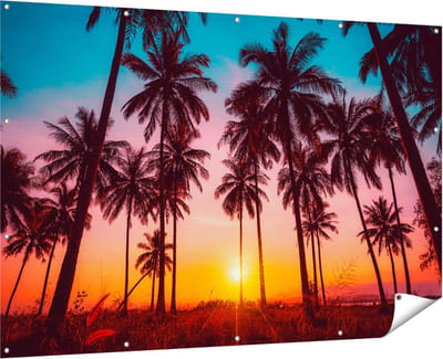 Gards Tuinposter Palmbomen op het Strand bij Zonsondergang - 180x120 cm - Tuindoek - Tuindecoratie - Wanddecoratie buiten - Tuinschilderij