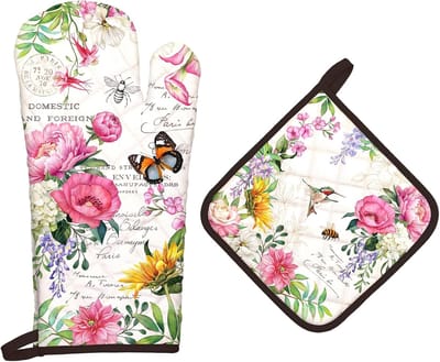 SnelShoppen - Vintage Floral Oven Mitts en Potholders Set 2St, 100% Katoen Warmtebestendig, Extra Lange Ovenhandschoenen en Pothouders voor Keuken, Ba