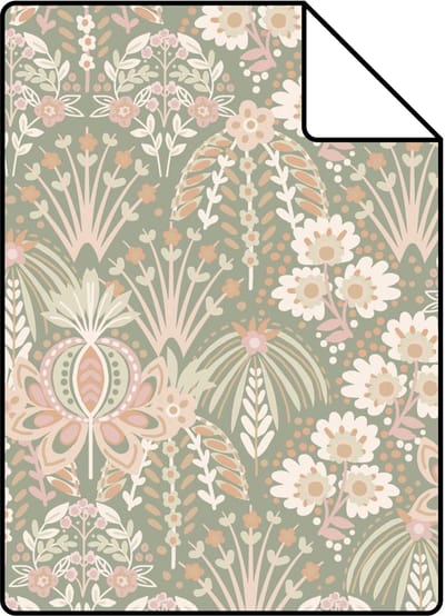Proefstaal ESTAhome behang vintage bloemen in art nouveau stijl licht vergrijsd groen - 26.5 x 21 cm - 130969-S