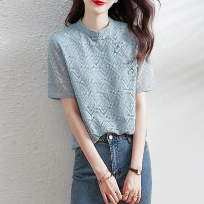 Nieuwe Zomer Kant Top voor Dames Design Niche Chinese Stijl Shirt Lichtblauw Kort Mouw Shirt voor Dames 2XL gray