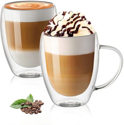latte glazen mokken, 2 x 350 ml dubbelwandige glazen met handvat, geïsoleerde koffie glazen, borosilicaat hittebestendige glazen bekers voor thee, koffie, latte, cappuccino, espresso, bier
