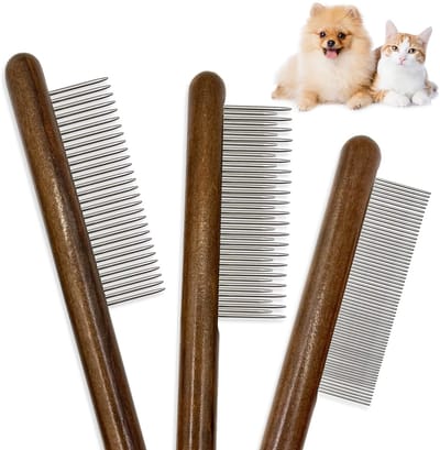 3-delige massief houten kattenkamsets met roestvrijstalen tanden | Geschikt voor katten, honden en konijnen, masseert de vacht en huid | Verwijderd klitten, knopen, losse haren, vlooien en teken bij kleine tot middelgrote huisdieren