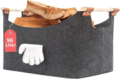 Houten mand - Haardhout opslag - Haardhout vervoeren - Inclusief handschoenen - 90 liter - Zwart
