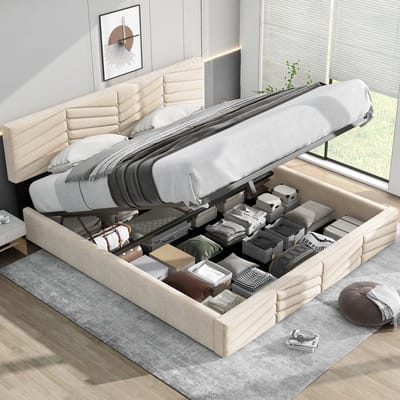 Gestoffeerd tweepersoonsbed met hydraulische opbergbox - Voor slaapkamer en logeerkamer 160x200 cm - Beige - Verstelbaar hoofdeinde - Strepen- en knopenstijl - Inclusief lattenbodem