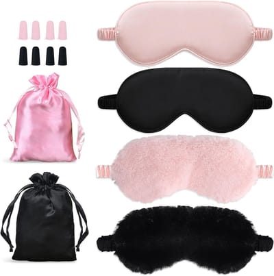 Thijox - Slaapmasker 4 Stuks Pluche en Zijde Oogmasker met Verstelbare Band en Oordopjes in 2 Kleuren voor Dames en Heren, Ideaal voor Slaap, Reizen e