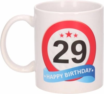 Beallatio Decorations - 29 jaar Verjaardag koffiemok - cadeau beker - stopbord print met happy birthday - 300 ml - keramiek - wit