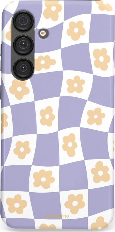 Casetastic hoesje geschikt voor Samsung Galaxy S25 Plus - Dubbellaagse bescherming - Kronkelende madeliefjes - Fashion Case - Lila Wit Zand Lichtgrijs