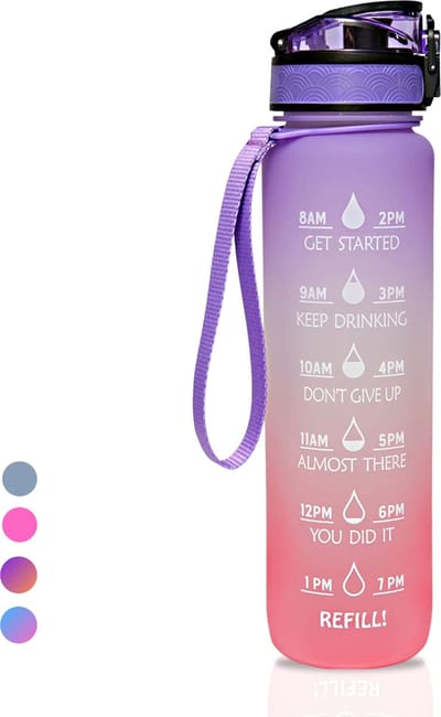 LaCardia Motivatie Waterfles 1 Liter - Drinkfles met Fruitfilter & Tijdmarkering - BPA vrij - Drinkbus Voor Kinderen en Volwassenen - Sportfles & Travel mug - Paars Oranje