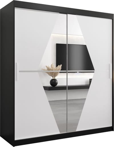 InspireMe - Kledingkast met 2 schuifdeuren, Modern-stijl, Een kledingkast met planken en een spiegel (BxHxD): 180x200x62 - BOLA 180 Zwart Mat + Wit Mat