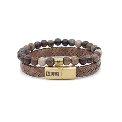 Milez - Armband set dames - armband dames leer kralen - Bruin-Goud - Maat S