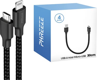 Micro usb kabels - 4 pack - 30cm kort - Oplader geschikt voor ps4, e reader, kobo, libra, jbl go 2 - Phreeze