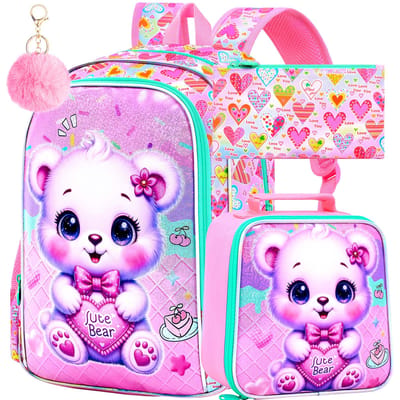 3 STUKS Rugzak voor Meisjes, 16  Kleine Kinderen Beer Kleuter Boekentas, Basisschool Rugzakken en Lunchbox - Paars blue