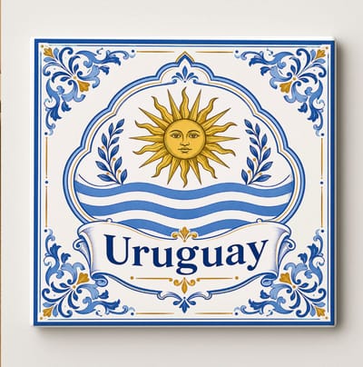 Uruguay Decoratieve Keramische Tegel – Uruguayaanse Zon Vlag Wandtegel – Blauw Wit Goud Heritage Souvenir Cadeau
