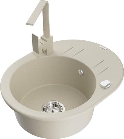Mexen Kevin granieten gootsteen 1-komorige met afdruiprek en keukenkraan Rita, beige - 6517-69-670300-69