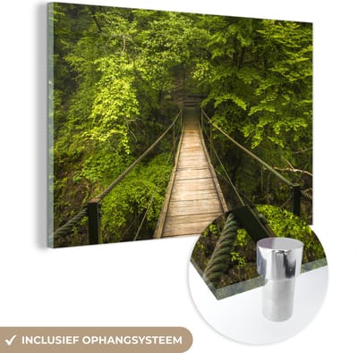 ® Glasschilderij 180x120 cm - Schilderij acrylglas - Houten hangbrug in het Nationaal Park Triglav in Slovenië - Foto op glas - Muurdecoratie woonkamer - Wanddecoratie slaapkamer - Schilderijen