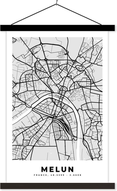 Posterhanger incl. Poster 40x60 cm - Schoolplaat - Kaart – Stadskaart – Frankrijk - Melun - Plattegrond - Textielposter - Zwarte latten - Stadskaart