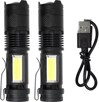 2 St. LED Zaklampen met COB zijlicht | met Accu | USB oplaadbaar | 100 Lm 3 Watt | Noodlamp | Survival | Zoomfunctie