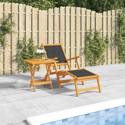 Verstelbare Acacia Houten Ligstoel met Bijzettafel en Textileen Bekleding – Inklapbaar, Weerbestendig Tuinset voor Balkon, Tuin en Terras (Mobili Bella)