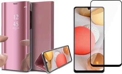 Hoesje geschikt voor Samsung Galaxy A42 - Screen Protector FullGuard - Book Case Spiegel Roségoud & Screenprotector