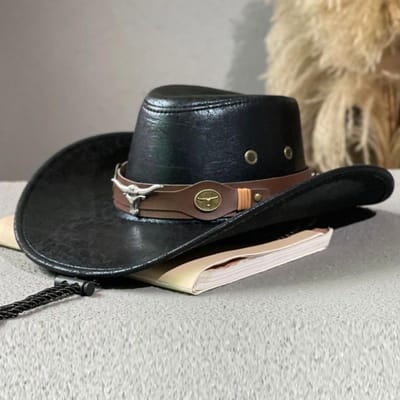 Mode Stierenkop Gesp Westers Cowboy Hoed Vintage Retro Brede Rand Zon Hoed Kunstleer Cowboy Hoed Voor Mannen Vrouwen Unisex gray