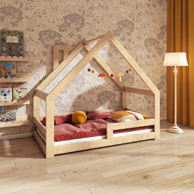 Need Sleep - Montessori Kinderbed Huisbed Peuterbed met Uitvalbescherming - Naturel Hout - 80x160 cm - met schoorsteen - symmetrisch