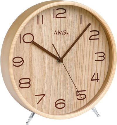 AMS F5118 - Tafelklok - Analoog - Radiogestuurde tijdsaanduiding - Rond - Hout - Mineraal Glas - Cijfers - LichtBruin - 22 cm ø