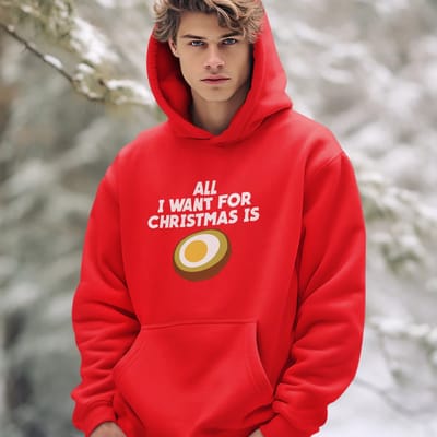 Groningen Kerst Hoodie Rood All I Want For Christmas Is Eierbal - Maat XS - Uniseks Fit - Kerstkleding Voor Dames & Heren