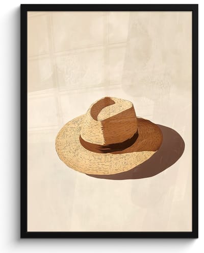 Poster in lijst - Fotolijst 50x70 cm - Posters - Hoed - Minimalistisch - Schaduw - Beige - Posterlijst zwart - Decoratie - Wanddecoratie woonkamer - Muurdecoratie slaapkamer