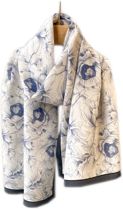 Zijden Sjaaltje - Halsdoek Dames - Bloemen - Wit / Blauw