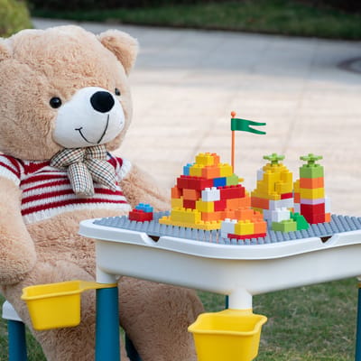 Kindertafel met 1 Stoeltje - Speeltafel met bouwplaat en vlakke kant - 4 Bakjes - Geschikt voor Duplo® Bouwstenen