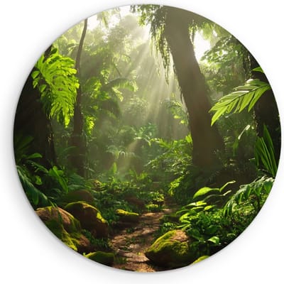 Saammp Muurcirkel Hout - Natuur - Jungle met zon - landschap - Ø 90 - Wandcirkel - Wanddecoratie Cirkel - Muurdecoratie Woonkamer - Slaapkamer decoratie - Rond Schilderij