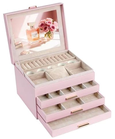 AdelDream Jewellery Box, 4 Tier Jewellery Box, Jewellery Box with Clasp, Large Jewelry Storage, Gifts for Women, Daughters and Friends on Birthdays and Holidays (Pink-19)