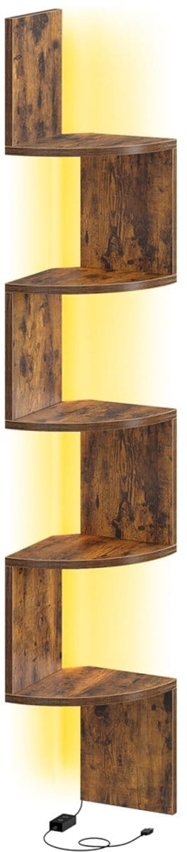 VASAGLE - Wandplank - Hoekplank - LED-Verlichting - Wandrek met 5 Niveaus - Voor Boeken en Planten