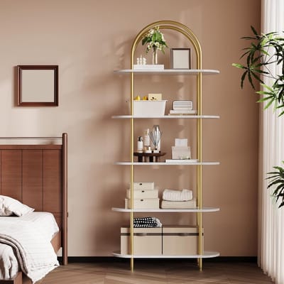 5-laags boekenkast- vrijstaande houten en metalen plank- hoge en smalle plank in industriële stijl- voor woonkamer- kantoor of slaapkamer- vintage design- 60 x 28 x 180 cm- goud