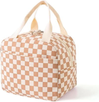 VHV Geïsoleerde Lunchtas Dames - Koeltas Lunchbag met Handvat - Koffiebruin Geruit - Voor Werk, School en Onderweg