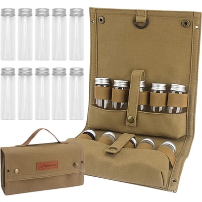 TOMSHOO sac à épices Portable avec 10 pots à épices toile assaisonnement sac de rangement organisateur assaisonnement kaki
