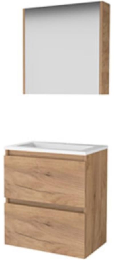 Basic-Line Comfort 39 Badkamermeubelset - Ondiep - 60 x 39 cm - Greeploos - 2 Lades - Keramische Wastafel - 1 Kraangat - Spiegelkast - Whisky Oak