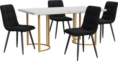 Eetset (5-delig) Eettafel met 4 stoelen set Zwart Fluweel Eetkamerstoelen Keukentafelset met Gouden metalen poten MDF tafelblad in wit