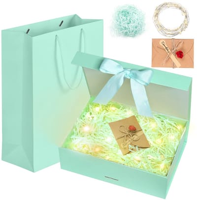 Dailygoods - Idota Geschenkdoos met deksel, geschenkdoos zwart, geschenkkarton met strik, tas, lint, licht, raffia, wenskaarten, cadeaudozen voor bruiloft, verjaardag, Kerstmis, jubileum (Groen M)