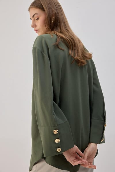 Touché Privé - Poplin blouse met gouden knopen - Khaki - Dames
