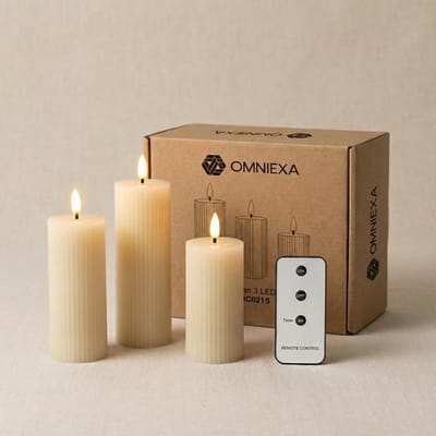 OMNIEXA LED Kaarsen Set (3 Stuks) - Echte Was - Ribbed Design Crème - Realistische 3D Vlam - Met Afstandsbediening & Timer - Sfeerverlichting op Batterijen