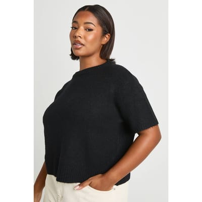boohoo Dames PLUS KORTE MOUW RONDE HALS | Black | Maat: 18