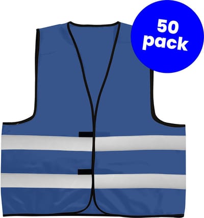 50-pack blauwe veiligheidshesjes - Veiligheidsvesten blauw - Veiligheidshesjes volwassenen - Hesjes evenementen - Hesjesfabriek
