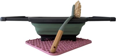 HEM Opvouwbare Afwasteil met Ingebouwde Stop 8L, Bamboe Afwasborstel en Roze Siliconen Afdruipmat 29,5x26 cm – Complete Set voor Camping en Thuisgebruik