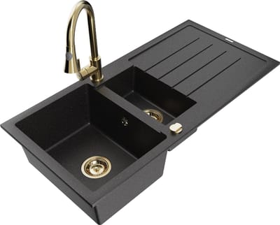 Mexen Andres 1,5-baks granieten gootsteen met afdruiprek en keukenmengkraan Elia, zwart/zilver metallic - 6515-73-670101-50