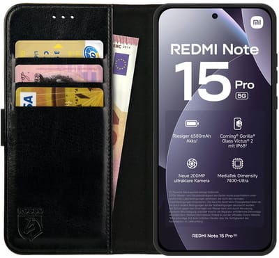 Rosso Element Geschikt voor Xiaomi Redmi Note 15 Pro 5G | Wallet Book Case | Portemonnee Hoesje | 3 Pasjes | Magneetsluiting | Stand Functie | Zwart
